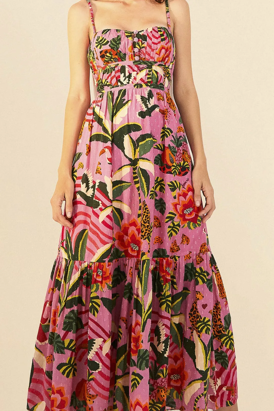 farm rio pink leopard forest midi dress Farm Rio Leopard Forest Printed Cotton Midi Dress, Dress, Loose Fit In Pink - 50% Off