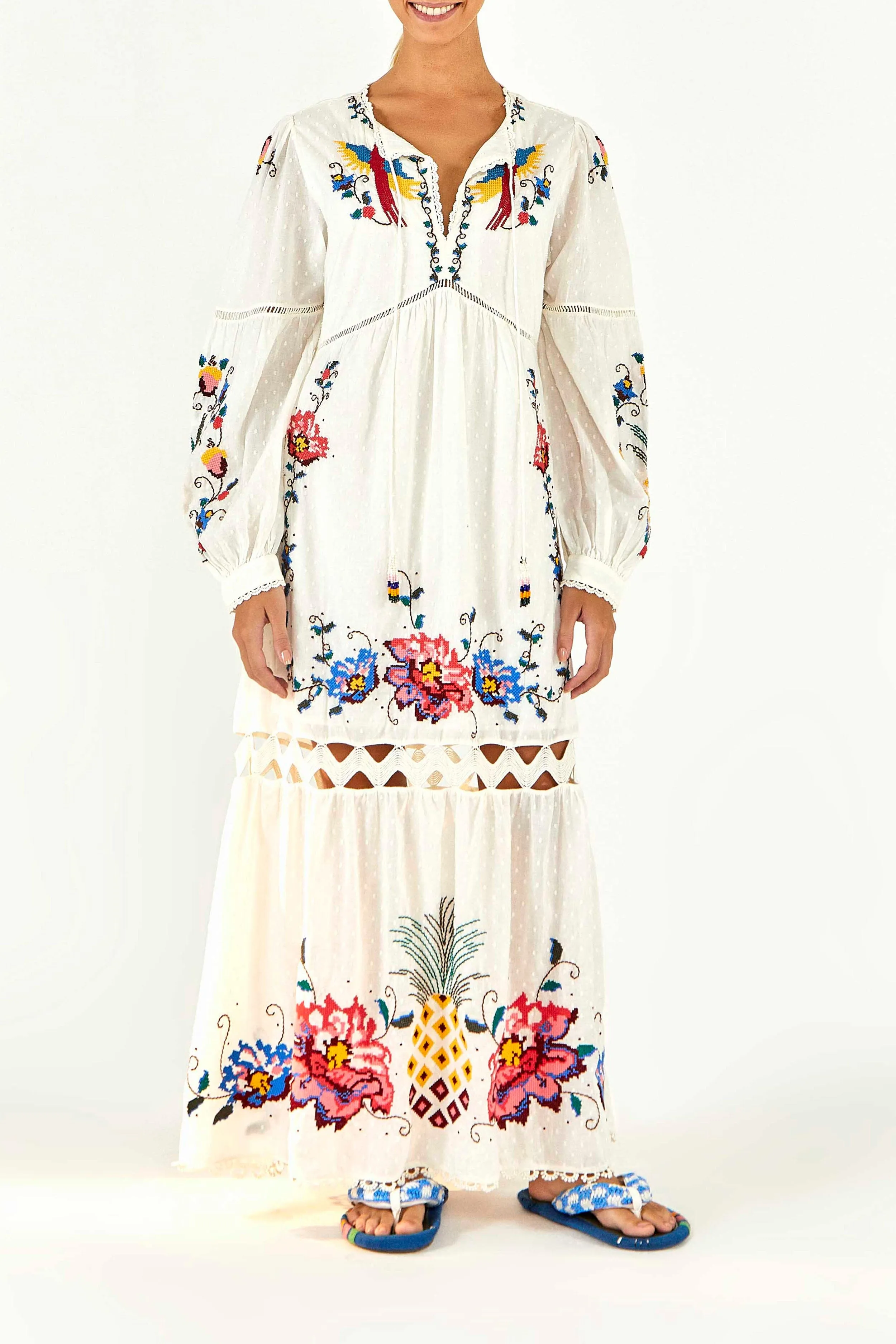 Macaw Cross Stitch Embroidered Maxi Dress sold by FARM Rio