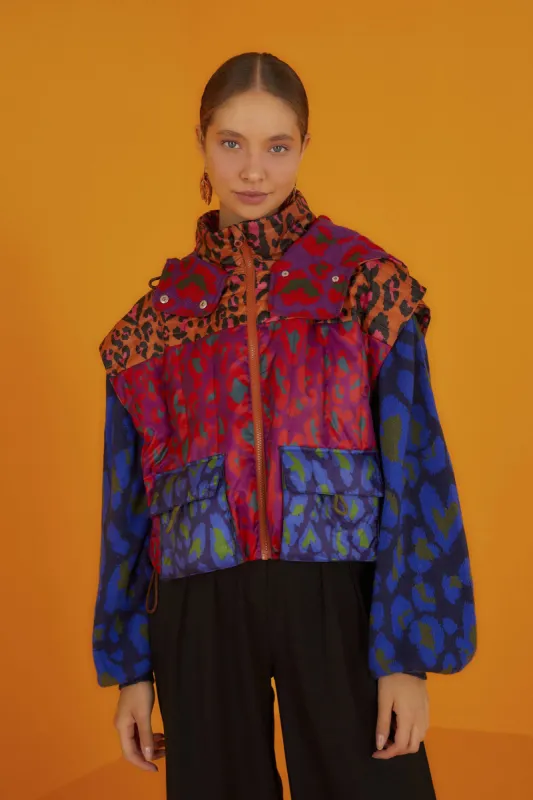 Mixed Leopard Pop Cropped Puffer Jacket made by FARM Rio