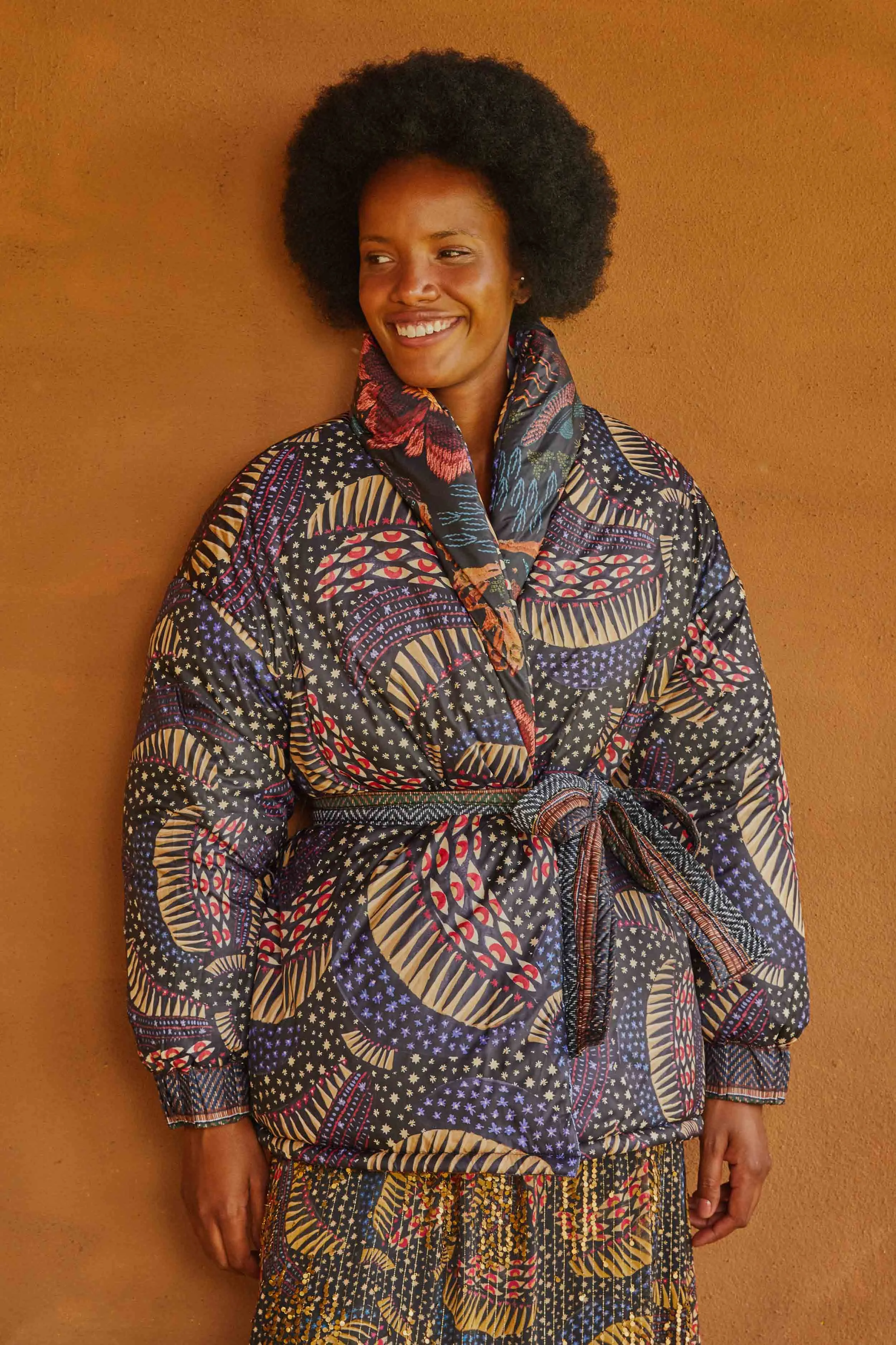 BLACK WILD BANANAS METALLIC REVERSIBLE PUFFER JACKET sold by FARM Rio