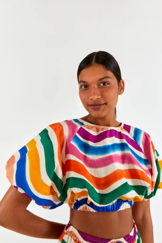 Dancing Stripes Puff Sleeve Crop Top sold by FARM Rio