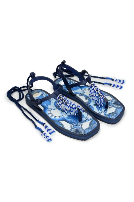 Blue Tile Beaded Flat Sandals sold by FARM Rio