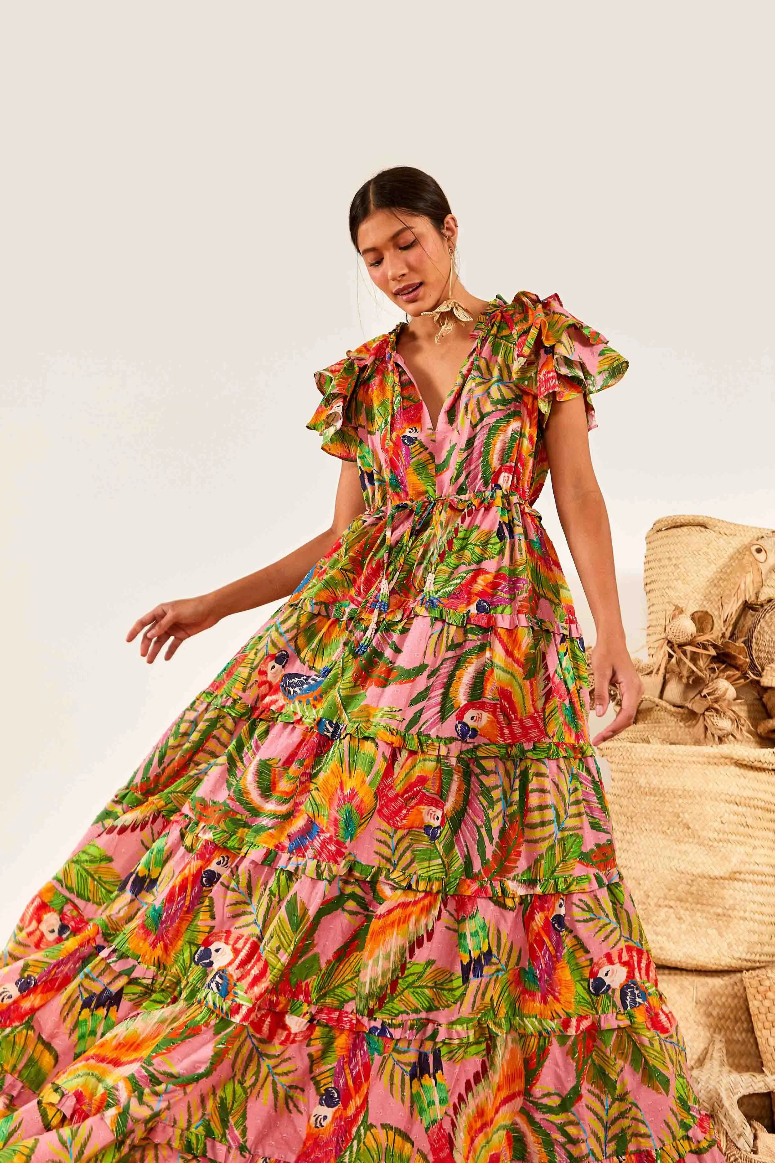 Macaw Leaves Flutter Sleeve Maxi Dress sold by FARM Rio