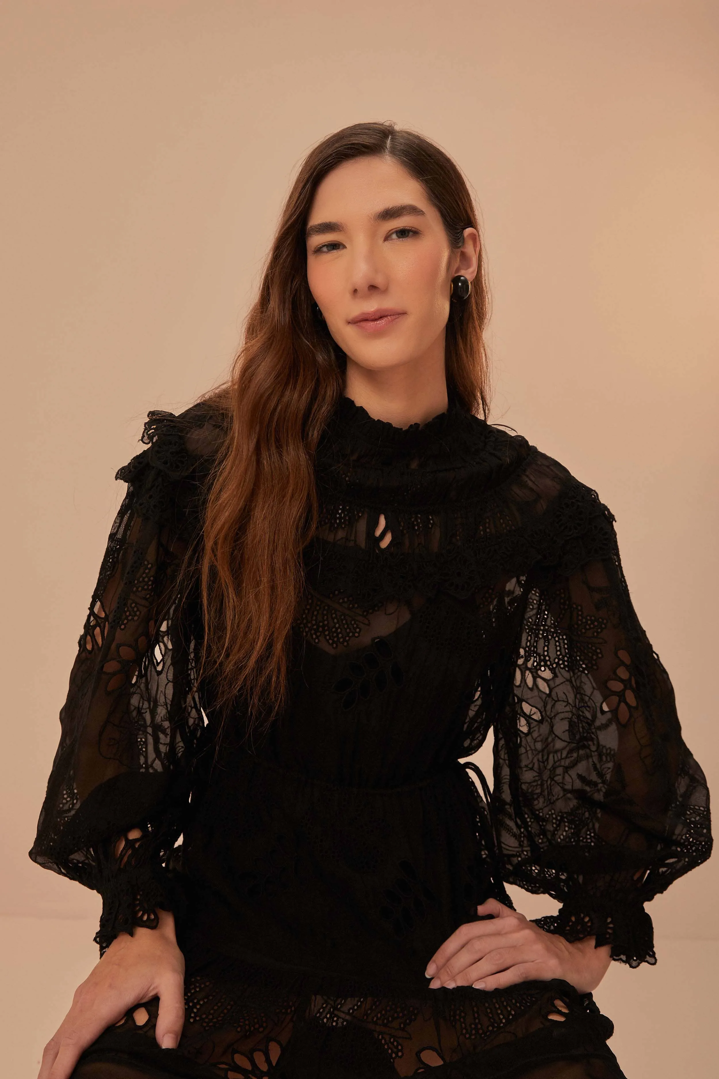 Black Flowered Organza Mini Dress sold by FARM Rio product image thumbnail 3