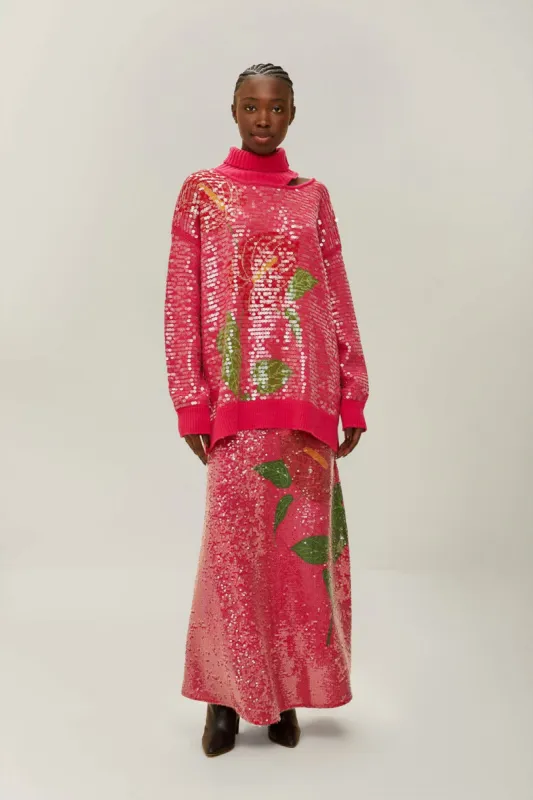 Pink Anthurium Flowers Sequins Midi Skirt sold by FARM Rio
