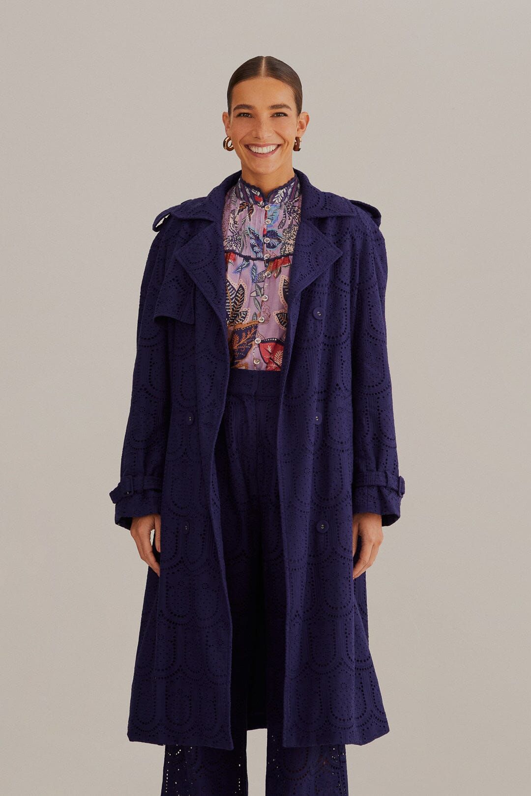 Navy Blue Pineapple Cotton Eyelet Trench Coat sold by FARM Rio
