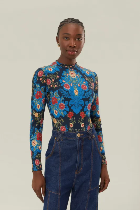 Blue Arabesque Flora Organic Cotton Bodysuit made by FARM Rio