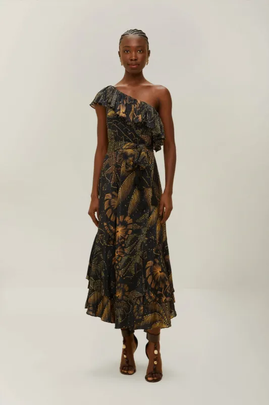 Black Golden Foliage One-Shoulder Maxi Dress made by FARM Rio