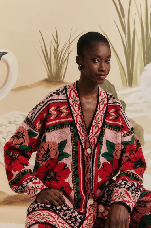 Pink Flower Tapestry Knit Cardigan made by FARM Rio