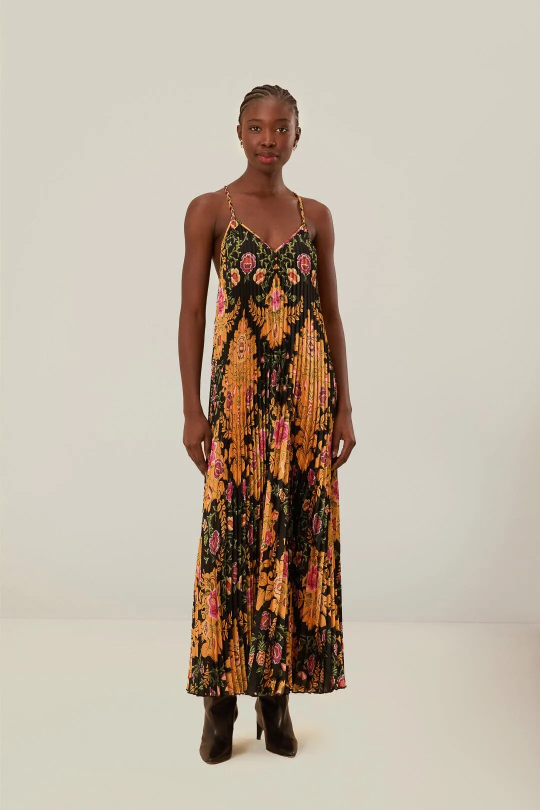 Black Arabesque Floral Pleated Midi Dress sold by FARM Rio