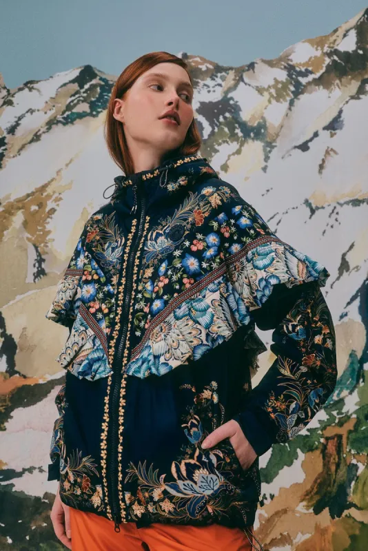 Black Flowers Ruffle Ski Jacket made by FARM Rio