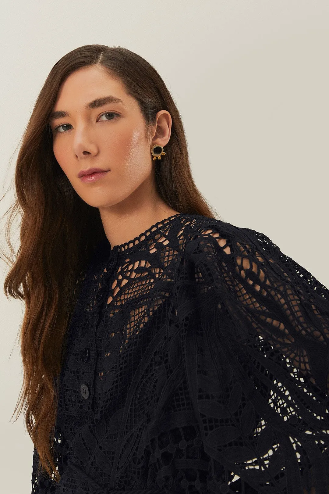 Black Guipire Puff Sleeve Blouse sold by FARM Rio product image thumbnail 4