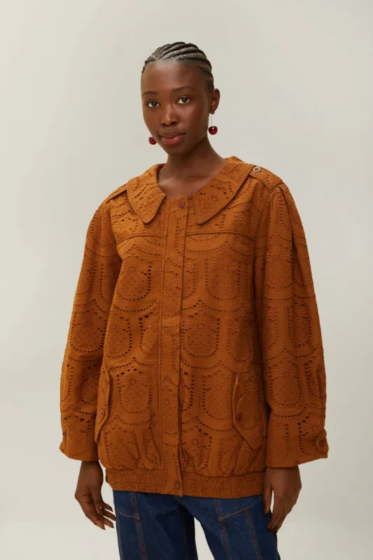 Brown Pinapple Eyelet Bomber Jacket made by FARM Rio