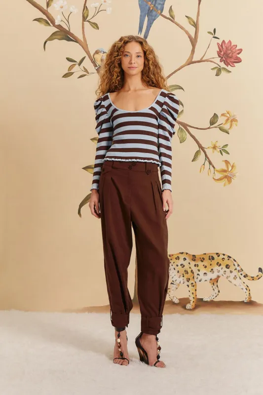 Brown High Waist Buttoned Cuff Pants made by FARM Rio