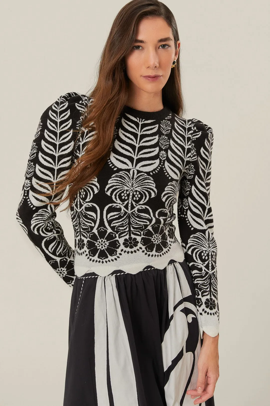 Black Ainika Tropical Splendor Puff Sleeve Knit Blouse sold by FARM Rio product image thumbnail 2