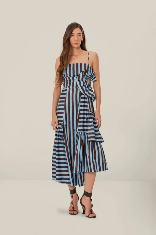 Brown and Blue Tropical Flight Stripes Organic Cotton Midi Dress sold by FARM Rio