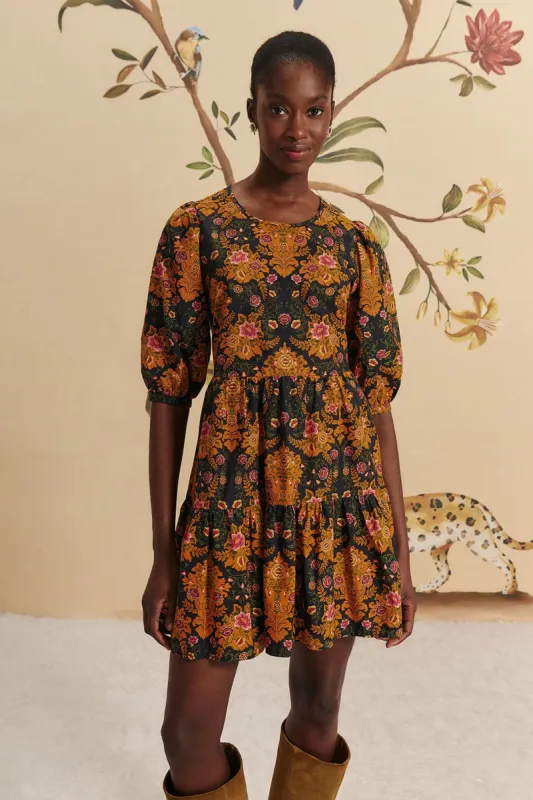 Black Arabesque Floral Puff Sleeve Mini Dress sold by FARM Rio