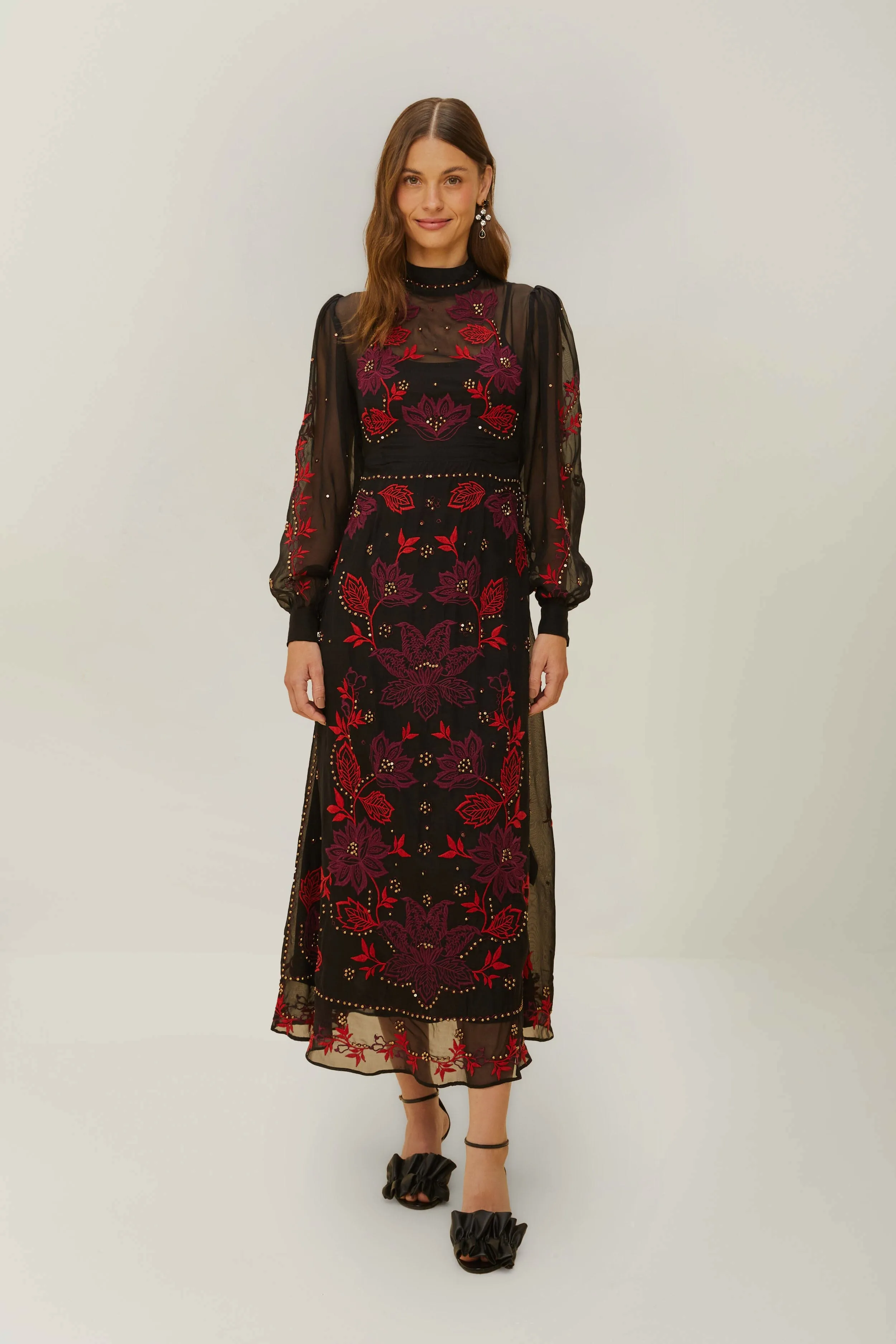 Black Organza Long Sleeve Midi Dress sold by FARM Rio