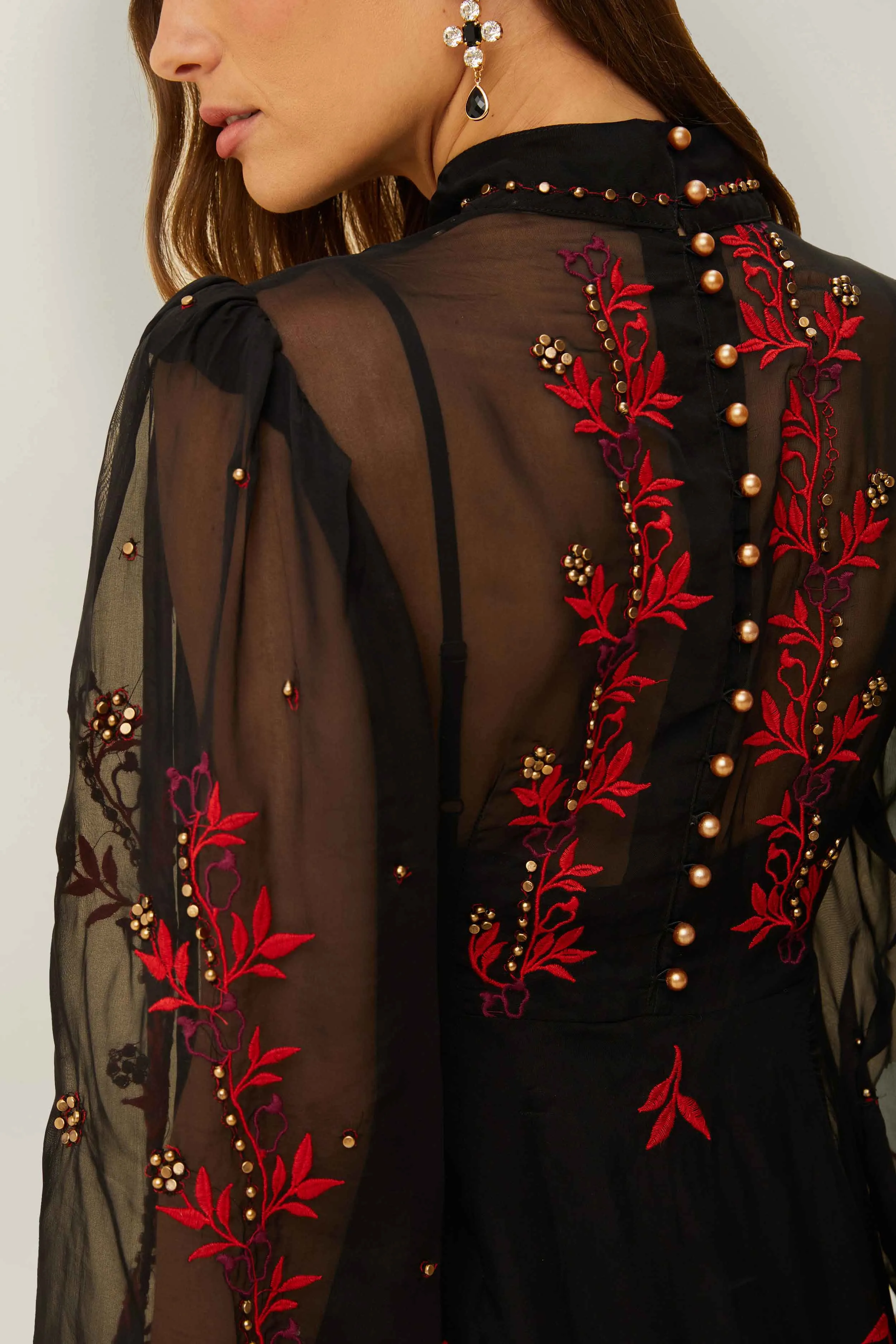 Black Organza Long Sleeve Midi Dress sold by FARM Rio product image thumbnail 3