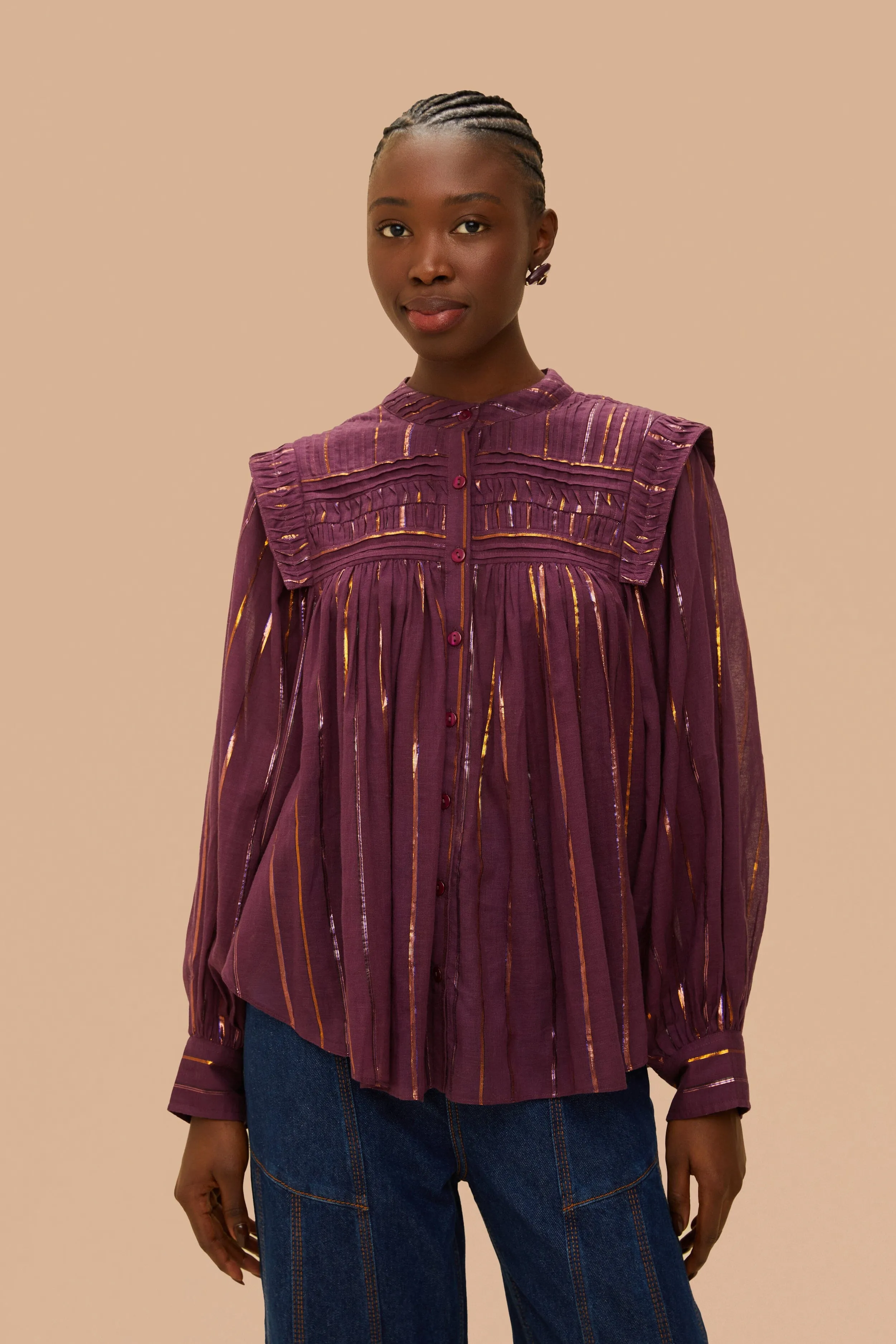 Burgundy Pleated Yoke Long Sleeve Blouse sold by FARM Rio