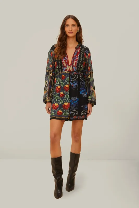 Black Mixed Arabesque Scarves Long Sleeve Mini Dress sold by FARM Rio