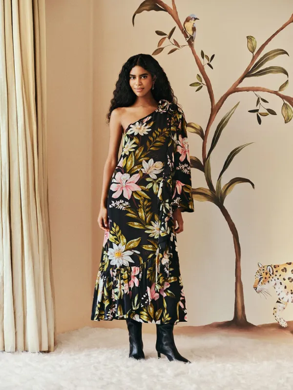 Black Surreal Flowers One-Shoulder Maxi Dress sold by FARM Rio
