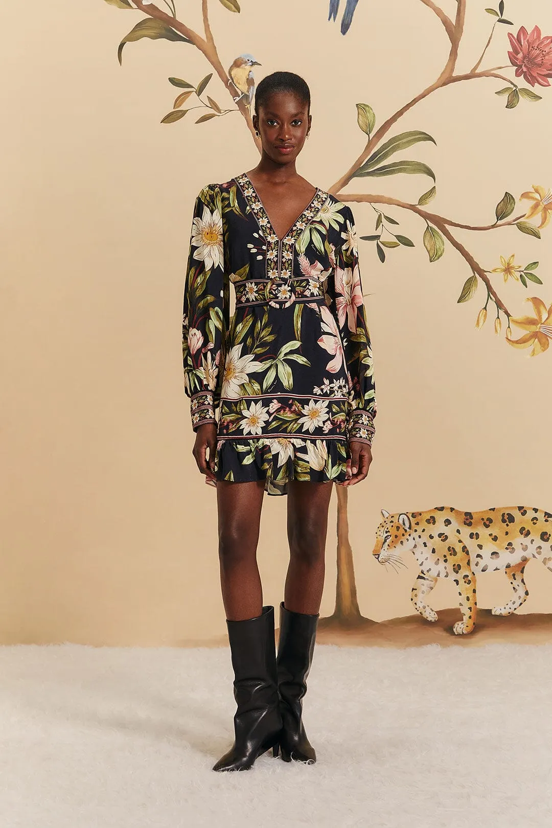 Black Surreal Flowers Long Sleeve Mini Dress sold by FARM Rio