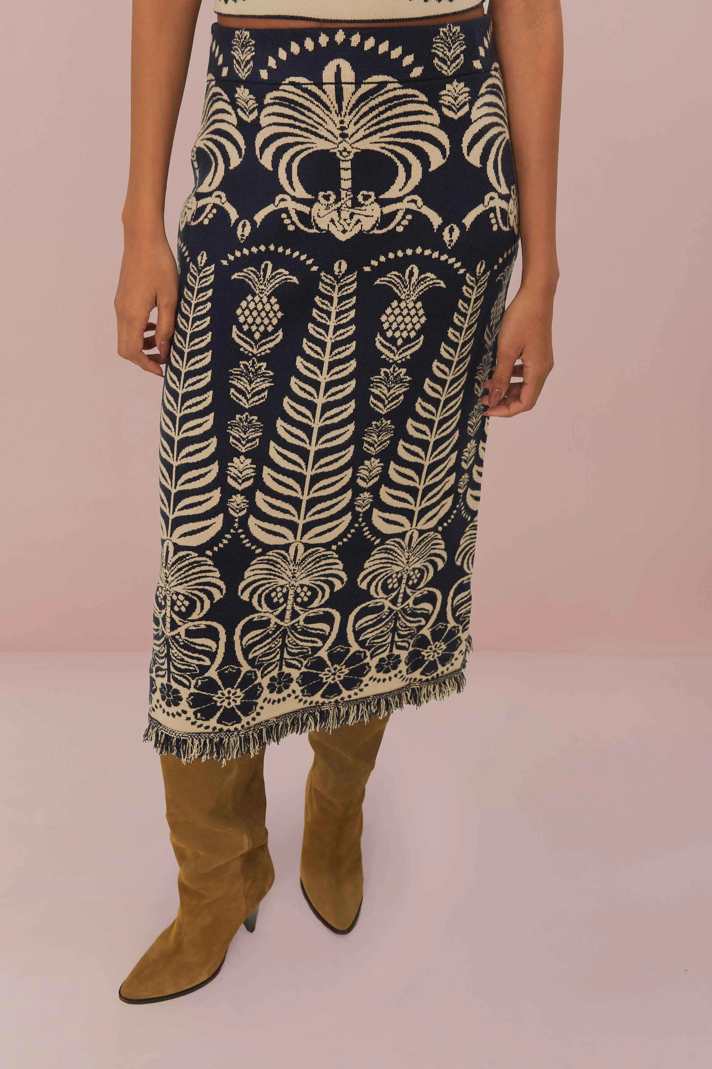 Navy Blue Ainika Tropical Splendor Knit Midi Skirt sold by FARM Rio product image thumbnail 2