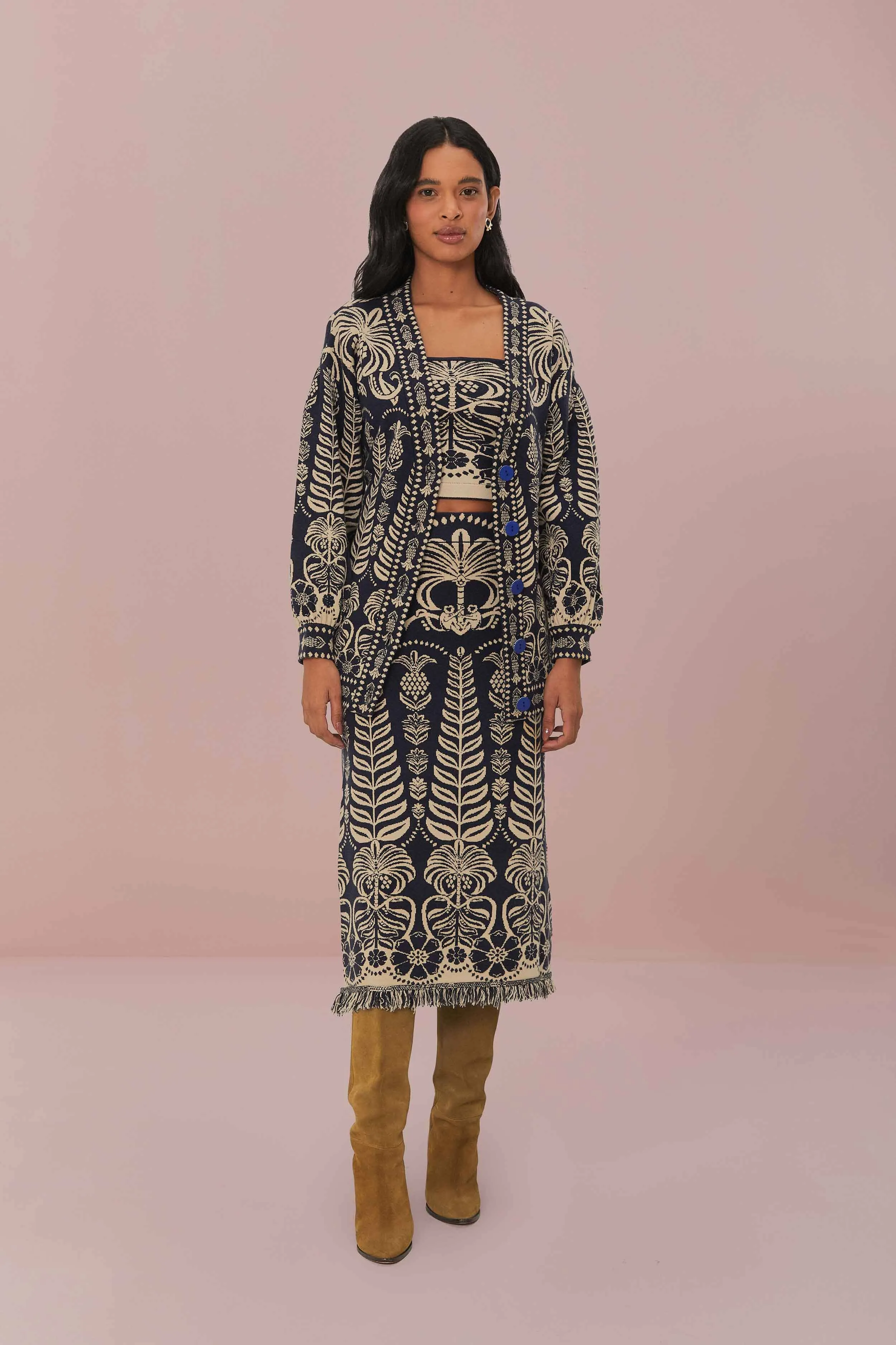 Navy Blue Ainika Tropical Splendor Knit Midi Skirt sold by FARM Rio