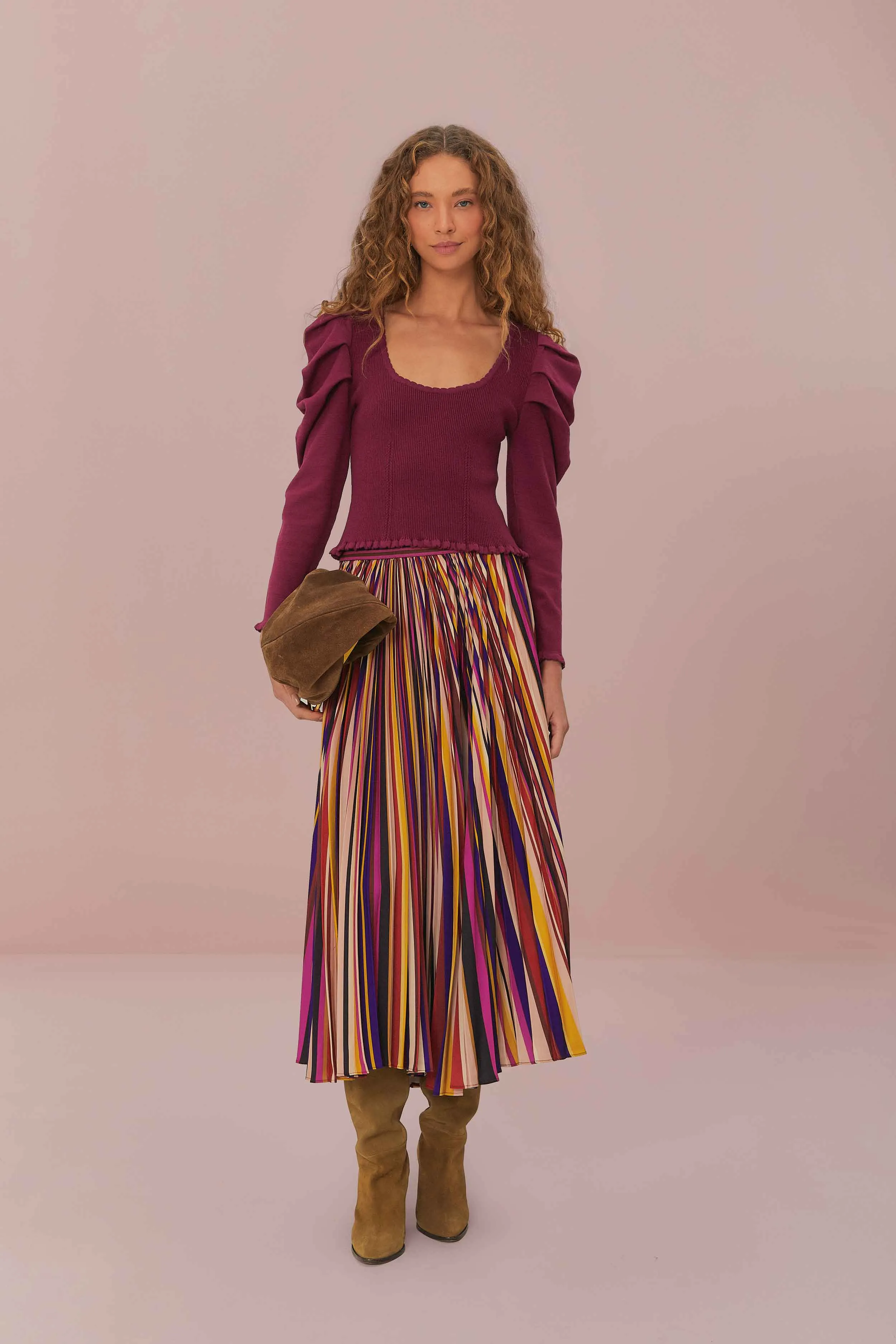 Multicolor Diagonal Stripes Pleated Maxi Skirt sold by FARM Rio
