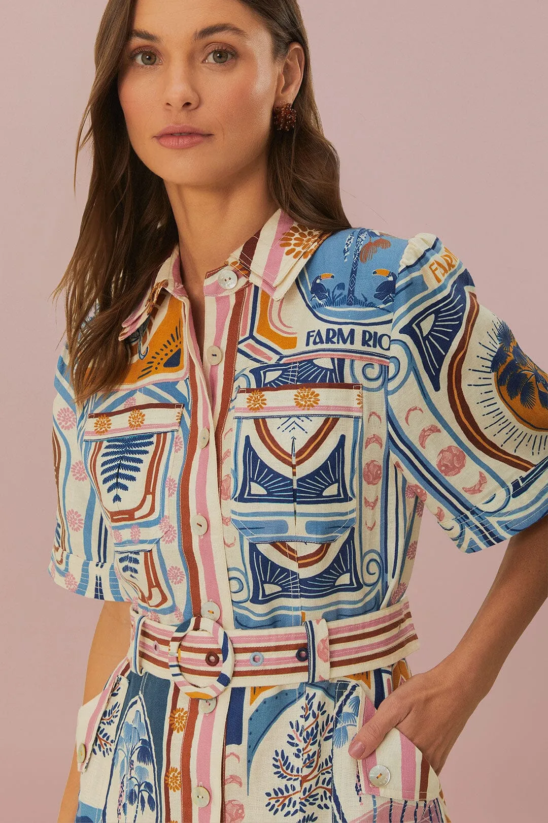 Cream Cerrado Stamps Short Sleeve Mini Dress sold by FARM Rio product image thumbnail 2