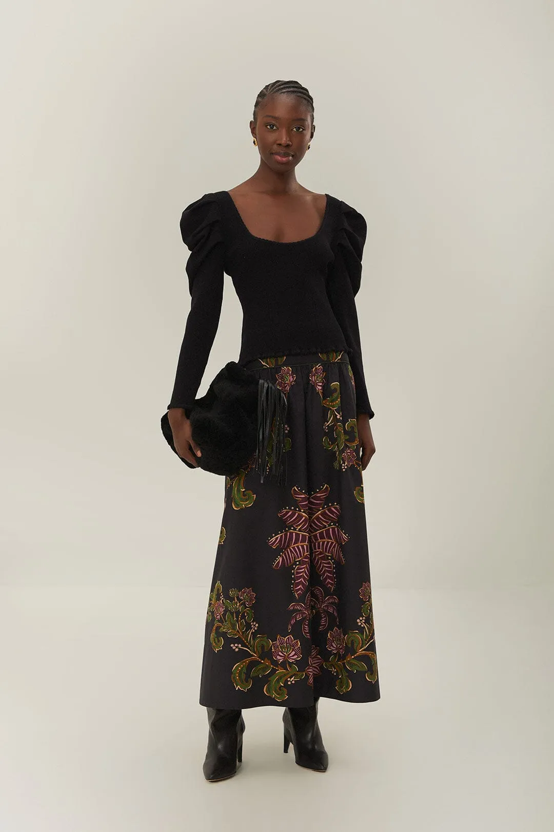 Black Ravenala Midi Skirt sold by FARM Rio