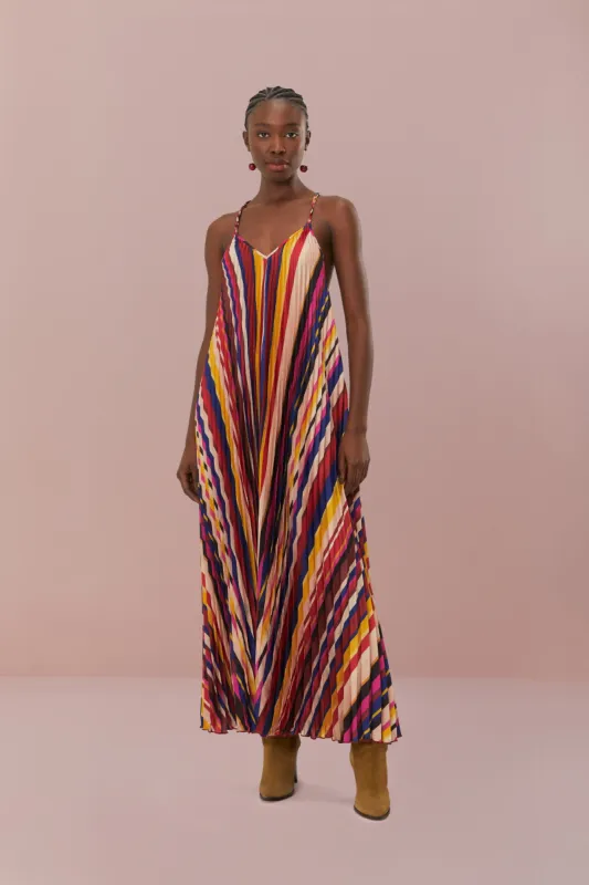 Multicolor Diagonal Stripes Pleated Stripes Midi Dress sold by FARM Rio