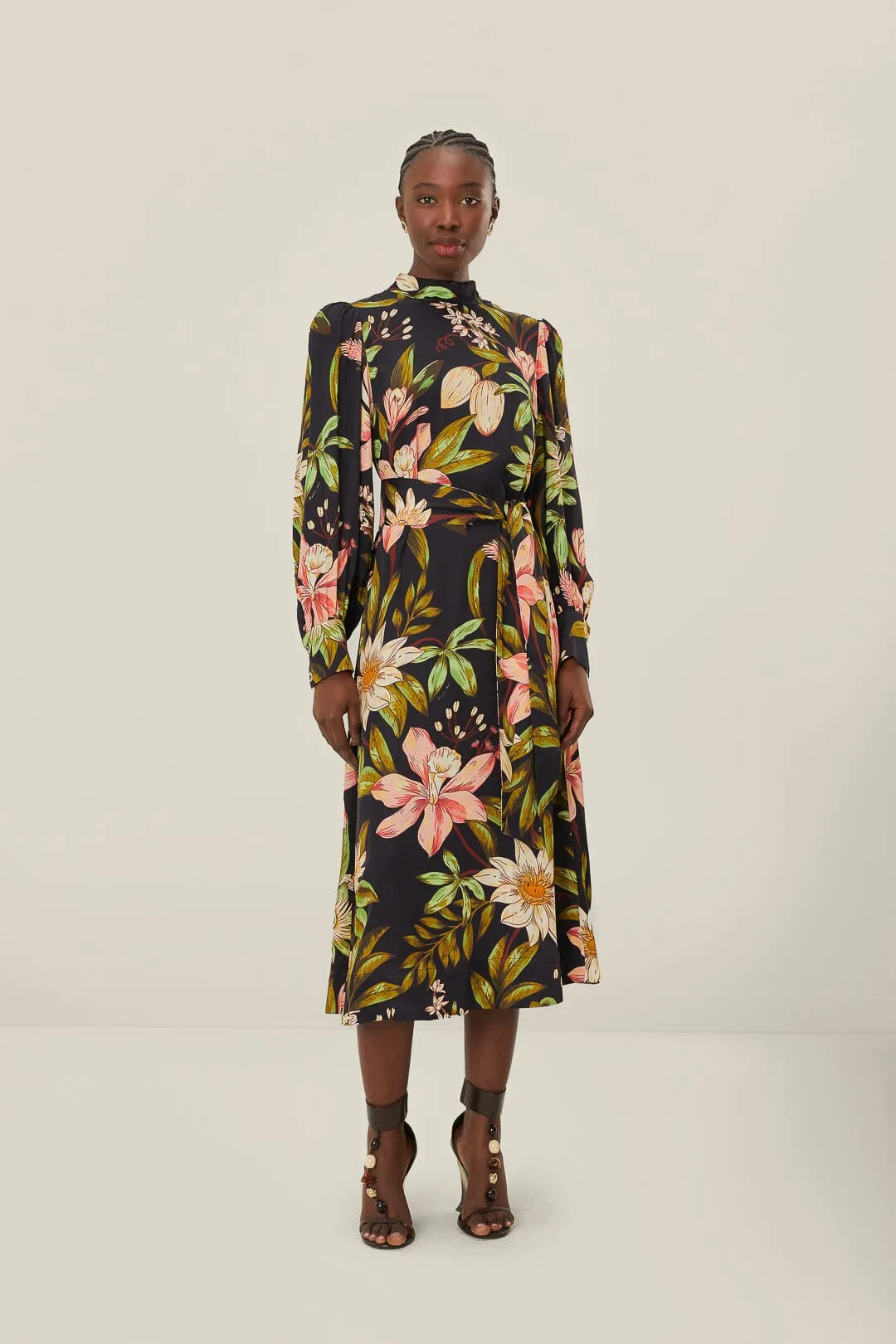 Black Surreal Flowers High Neck Midi Dress sold by FARM Rio