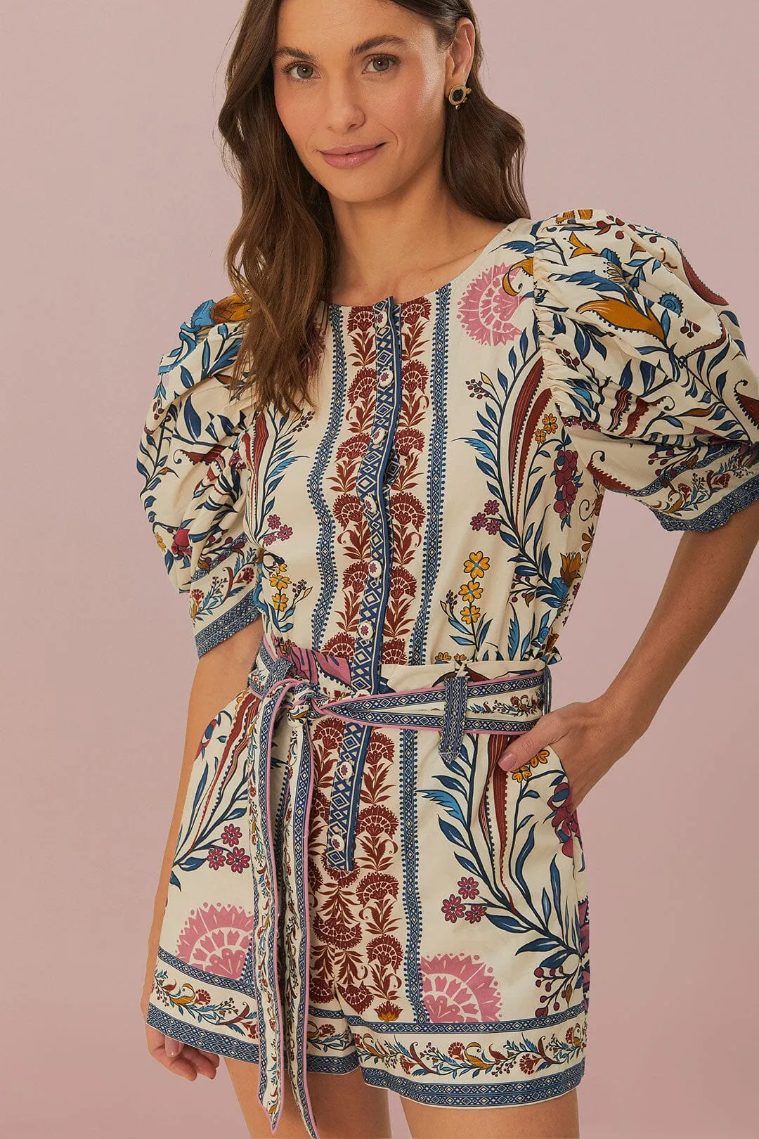 Cream Romantic Lightness Belted Romper sold by FARM Rio