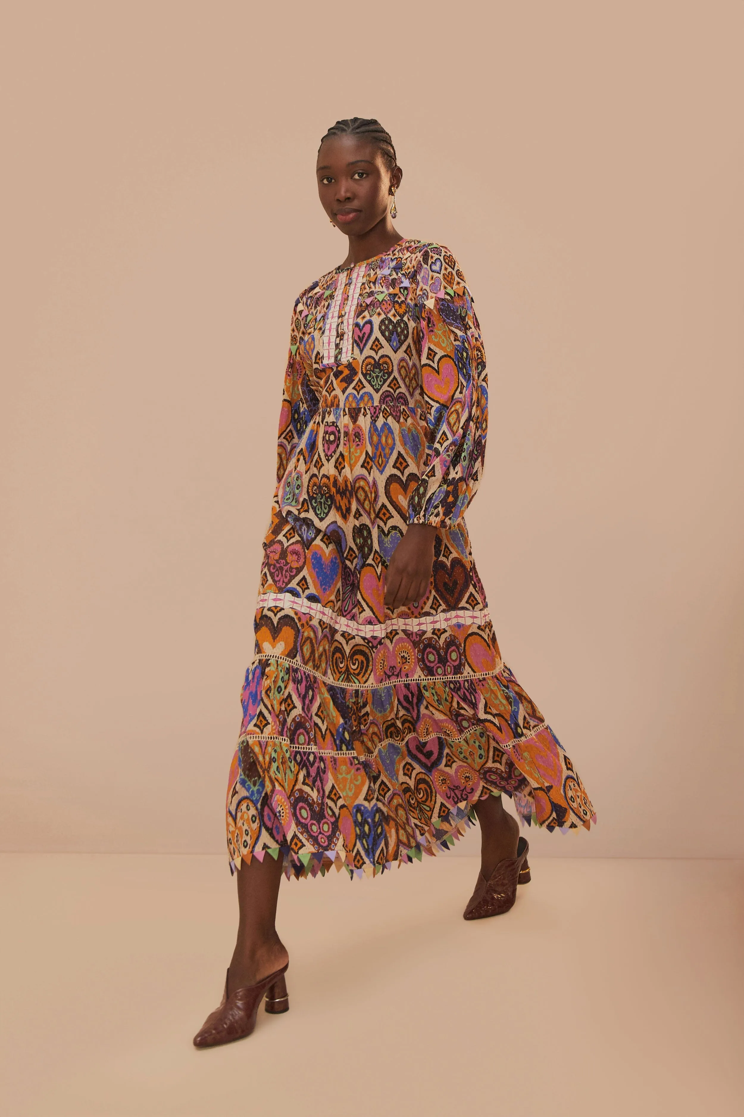 Cream Hearts Ikat Long Sleeve Maxi Dress sold by FARM Rio product image thumbnail 2