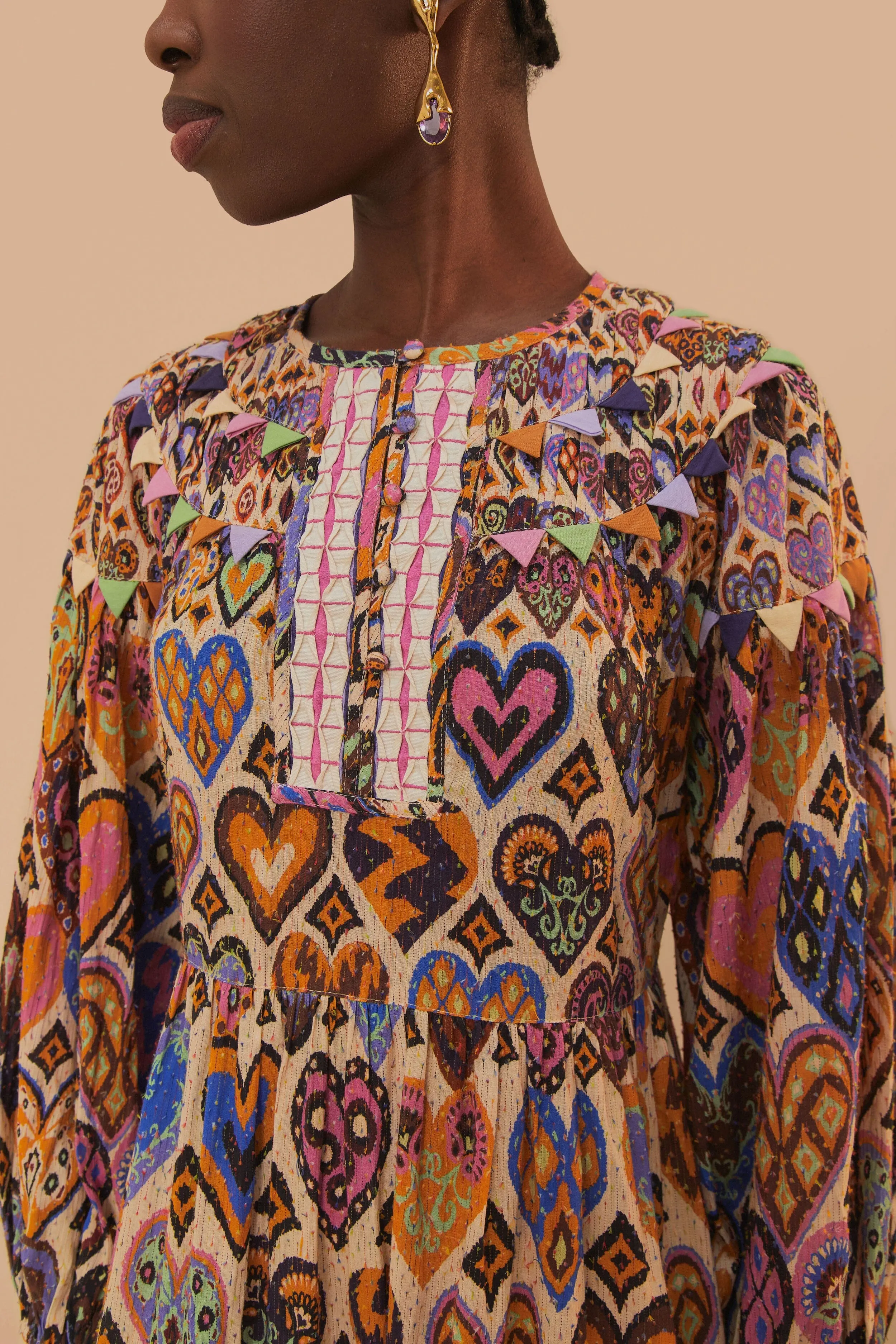 Cream Hearts Ikat Long Sleeve Maxi Dress sold by FARM Rio product image thumbnail 4