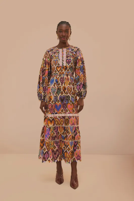 Cream Hearts Ikat Long Sleeve Maxi Dress sold by FARM Rio