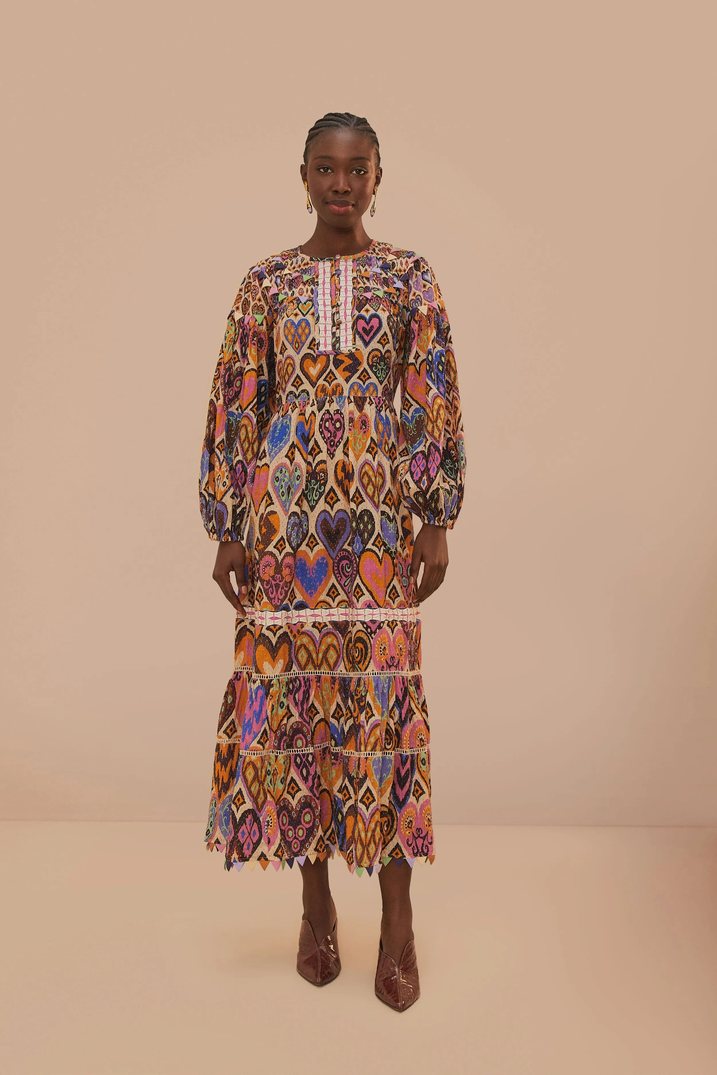 Cream Hearts Ikat Long Sleeve Maxi Dress sold by FARM Rio