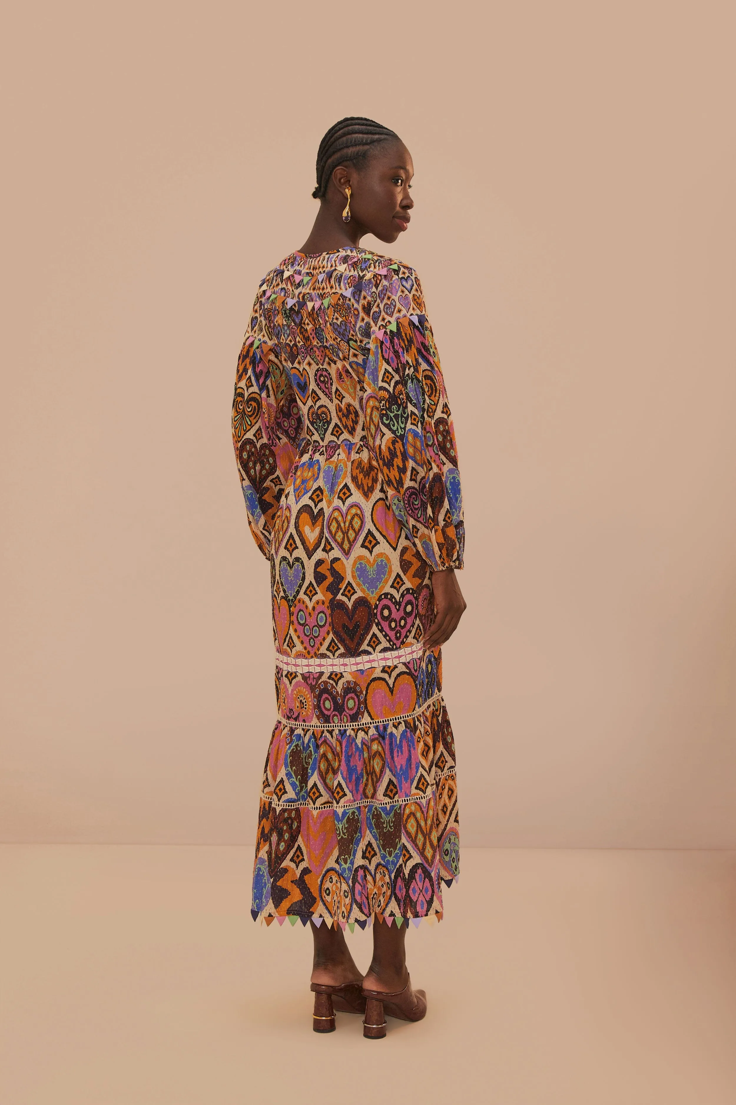 Cream Hearts Ikat Long Sleeve Maxi Dress sold by FARM Rio product image thumbnail 3