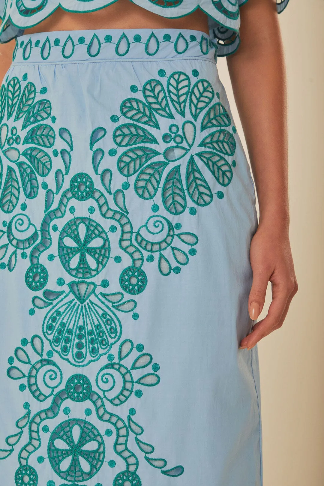 Light Blue And Green Graphic Richelieu Midi Skirt sold by FARM Rio product image thumbnail 3