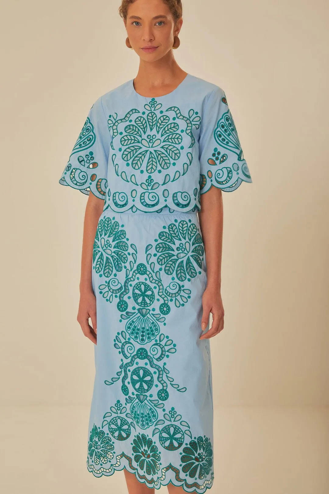 Light Blue And Green Graphic Richelieu Midi Skirt sold by FARM Rio product image thumbnail 2
