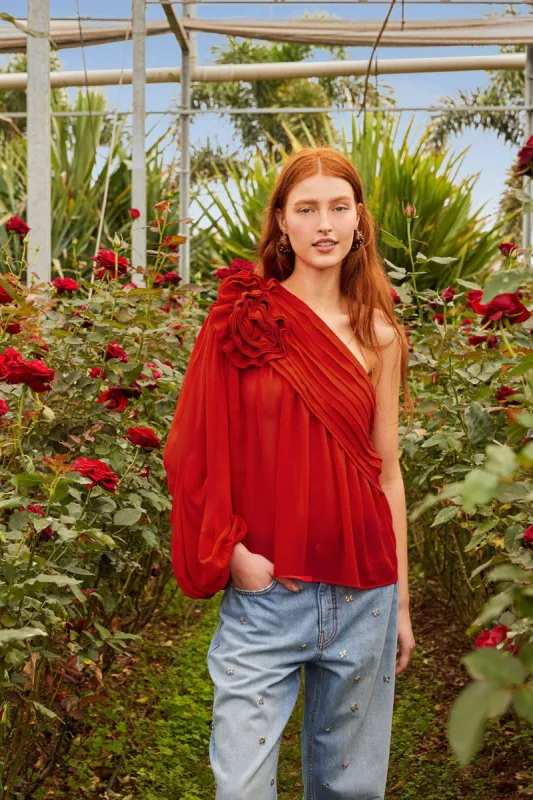 Red Rose Puff Sleeve One-Shoulder Blouse sold by FARM Rio