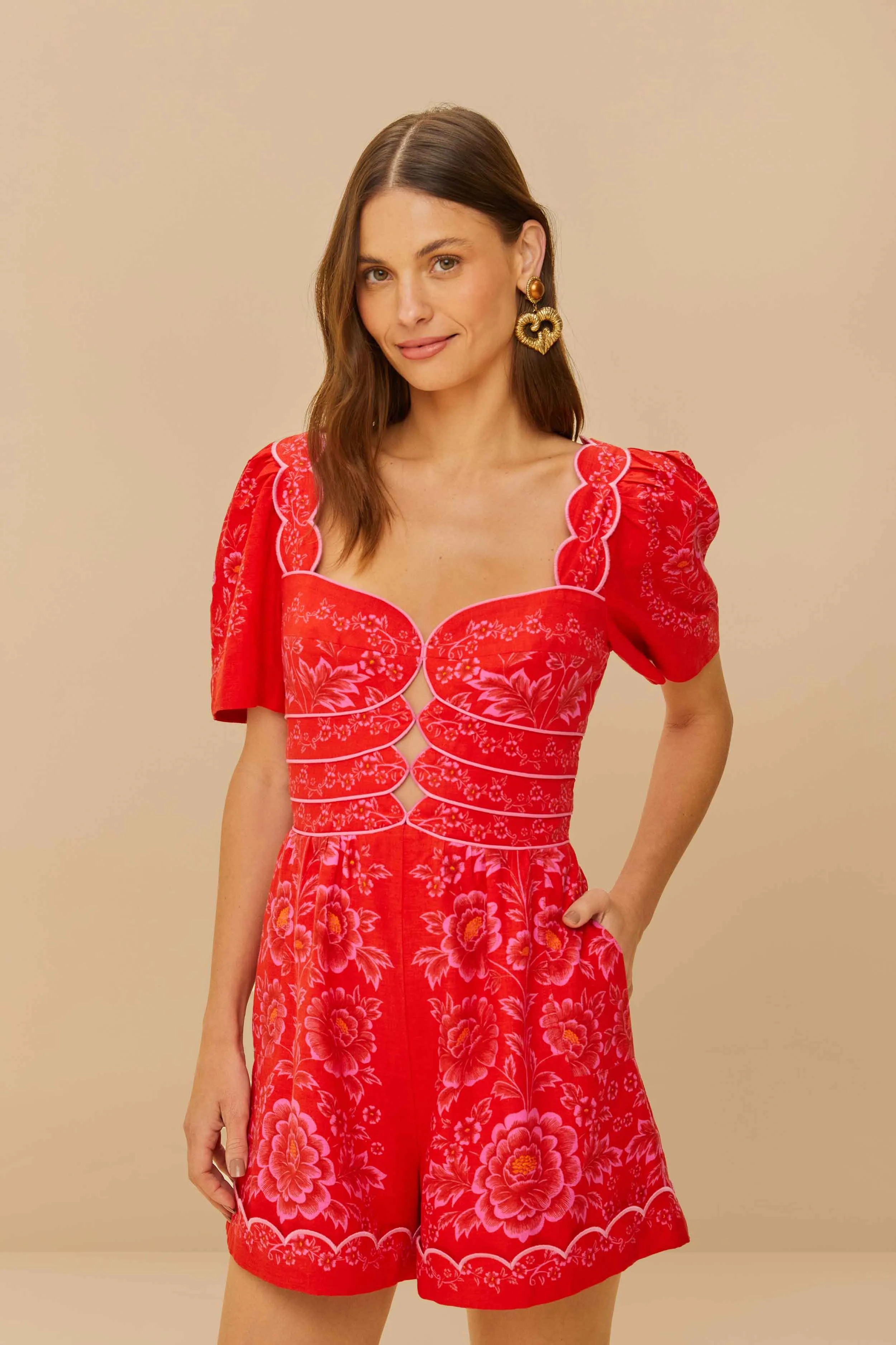 Red Olivia Cut-Out Lenzing™ Ecovero™ Euroflax™ Romper sold by FARM Rio product image thumbnail 2