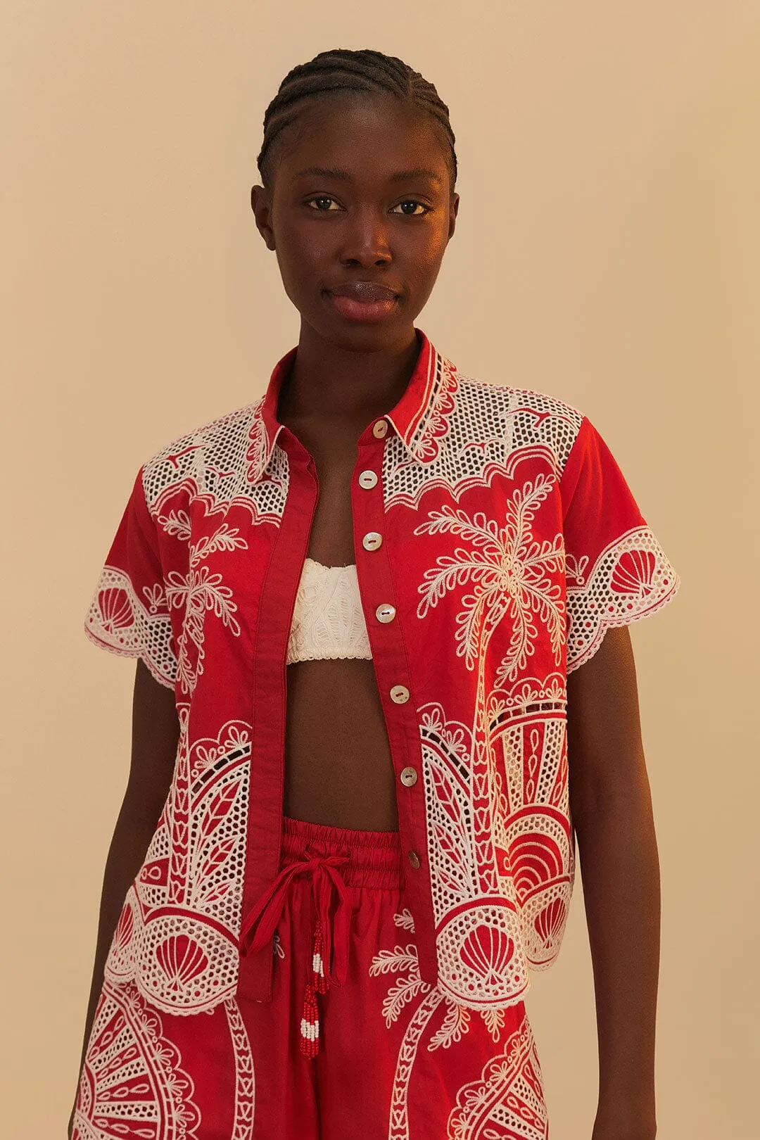 Red Palm Trees Embroidered Organic Cotton Short sold by FARM Rio