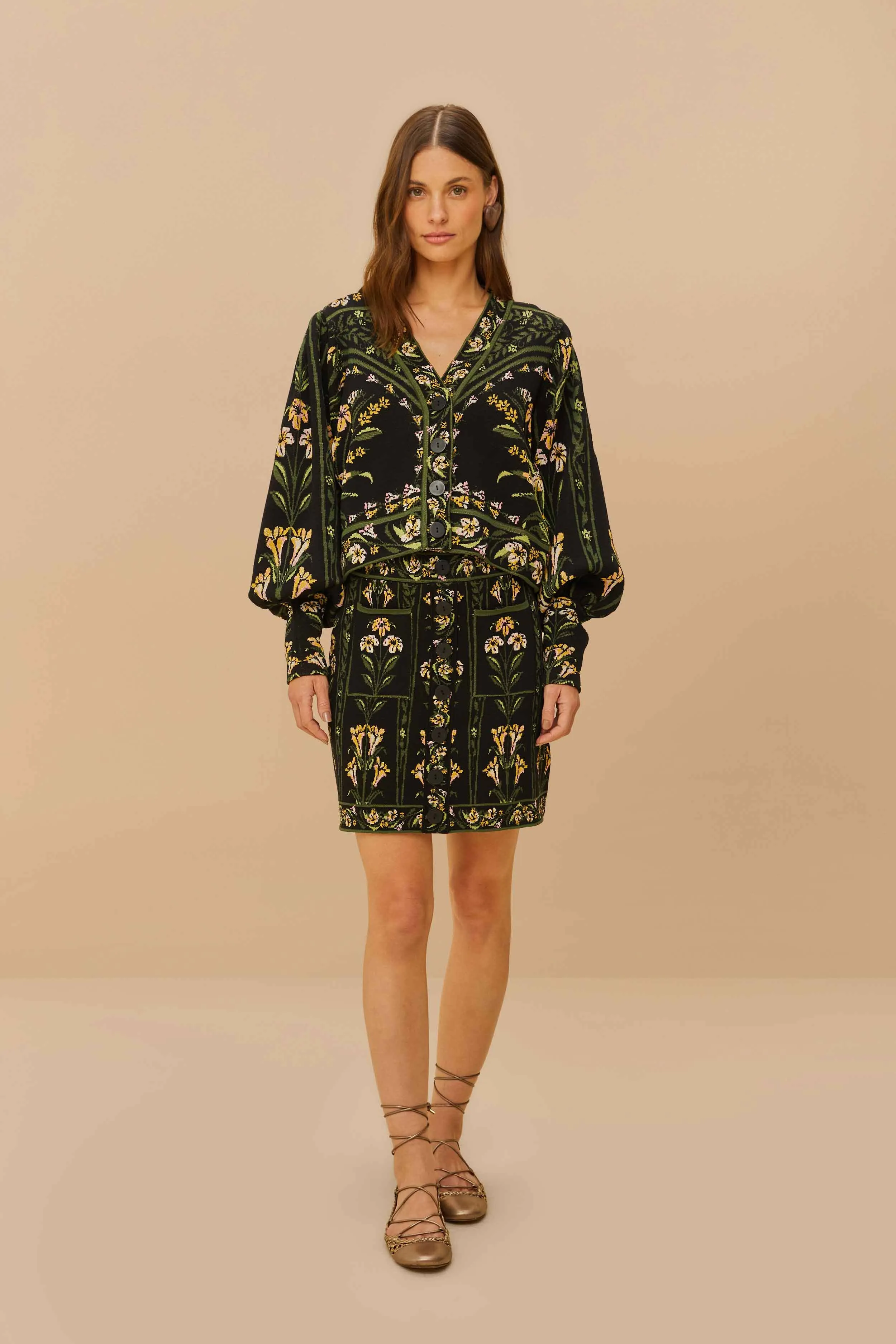 Black Flowers Arch Knit Skirt sold by FARM Rio