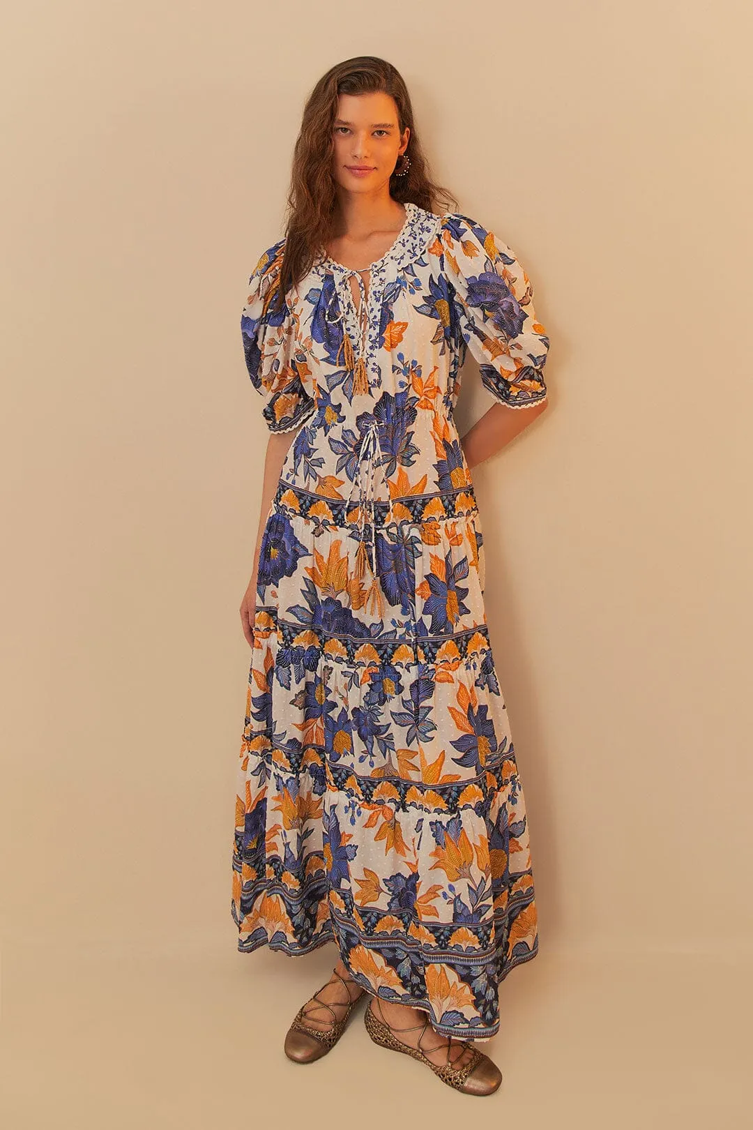 Off-White Summer Flowers Beaded Tassels Maxi Dress sold by FARM Rio