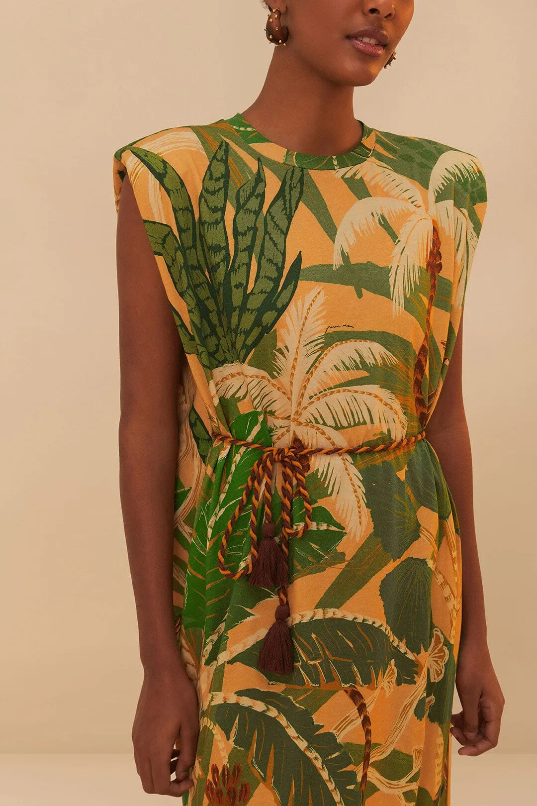 beige tropical isla padded shoulders midi dress Beige Tropical Isla Padded Shoulders Midi Dress
