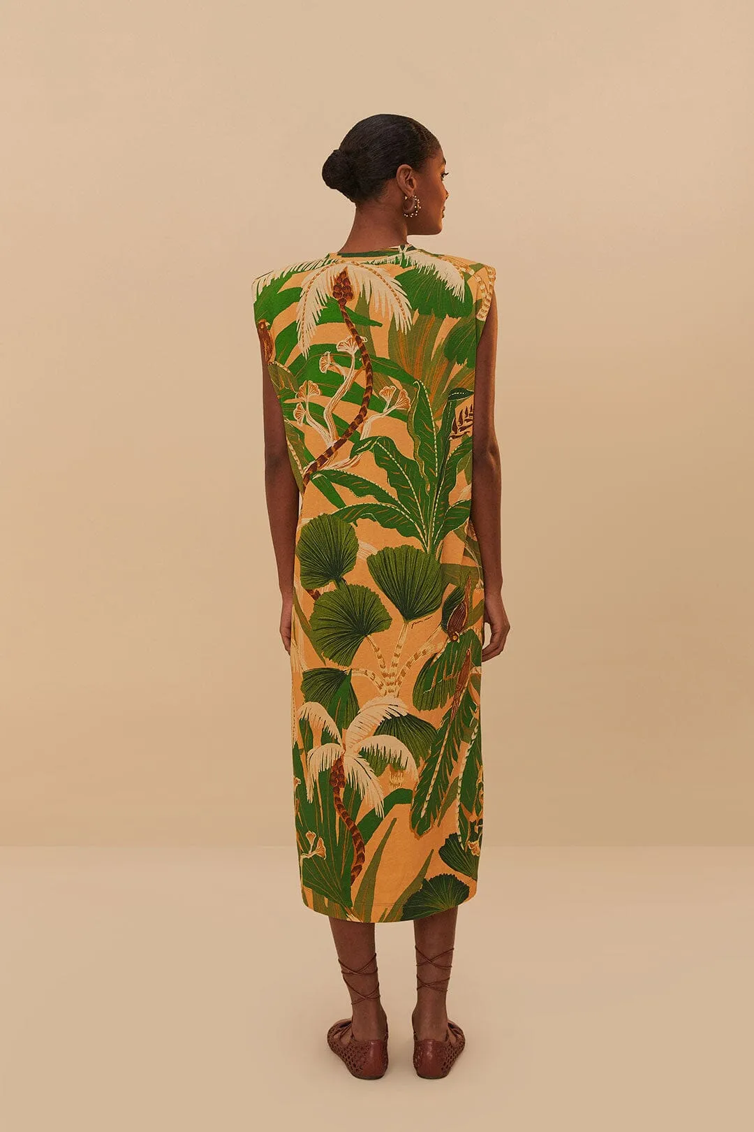 Beige Tropical Isla Padded Shoulders Midi Dress sold by FARM Rio product image thumbnail 3