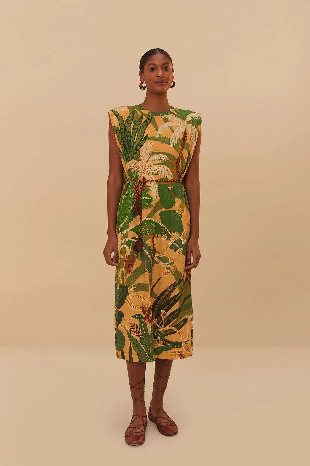 beige tropical isla padded shoulders midi dress Exclusives > Isla South Moon Under